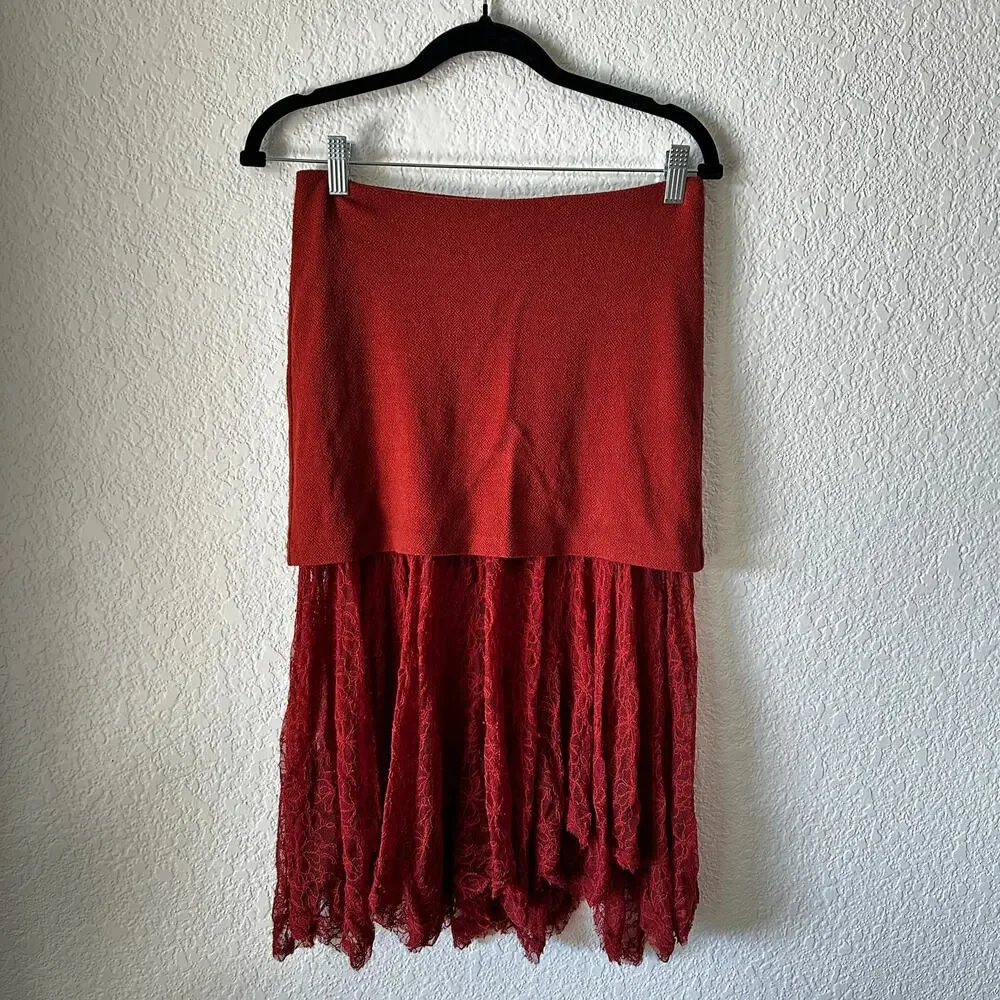 Free People Two For One Sheer Lace Midi Skirt | XS | Red Rust